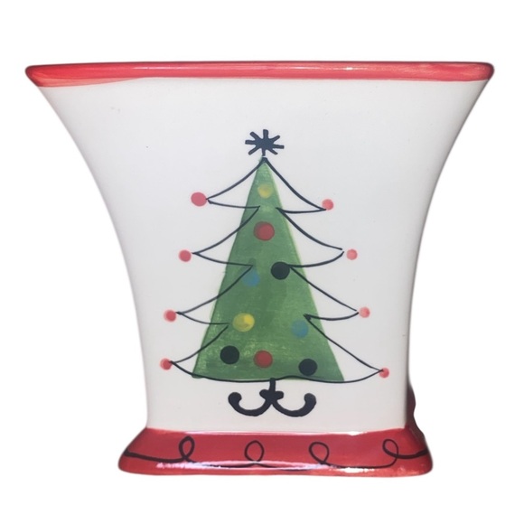 FTD Ceramic Floral Container Pot Vase Planter Christmas Tree Design WHT/RED/GRN - Picture 2 of 7